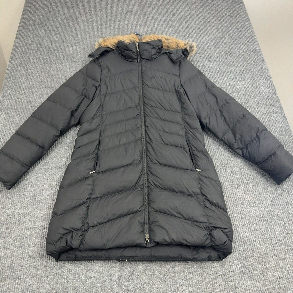 Marmot Puffer Parka Women L Black Down 700 Fill Faux Fur Trim Hooded Winter Coat